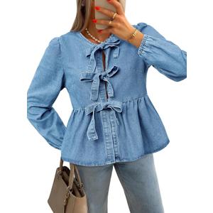 Tankaneo Womens Denim Tie Front Tops Babydoll Peplum Cute Blouse Puff Long Sleeve Going Out Jean Shirts (Medium, Light Blue)