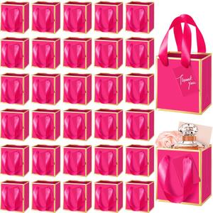 Yeaqee 50 Pcs Mini Metallic Paper Gift Bags with Handles 4x2.75x4.5'' Tiny Small Gift Bags with Thank You Tag for Wedding Graduation Birthday Party Return Gifts Jewelry Business (Hot Pink,Gold)