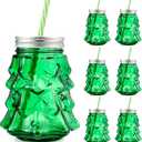 6 Pcs Christmas Tree Mason Jars Glasses Cups Reusable Christmas Drinkware Cookie Storage Holiday Tumbler Mug 19 oz Candy Mason Jar with Lids and Straw for Xmas Party Gift