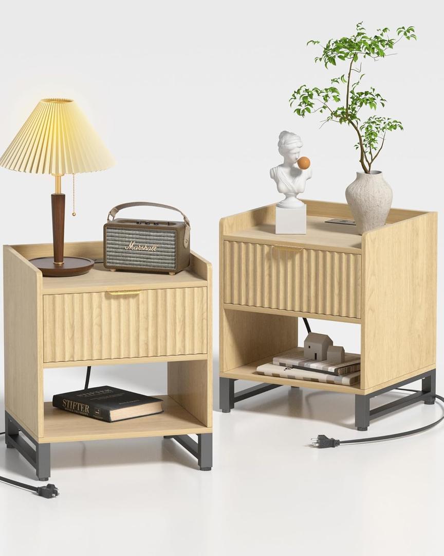 Fluted Night Stand Set 2 with Charging Station, Wood Nightstand with Large Drawer and Open Storage Cabinet, Mid-Century Modern Bedside Table End Table for Bedroom Closet Office (C - Reclaimed Light Oak)