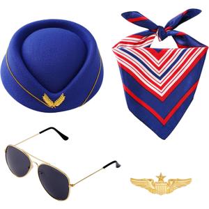 Mujahid 4-Piece Women's Stewardess Costume Accessories - Scarf + Hat + Sunglasses + Name Badge, Must-Have for Air Hostess Outfit, Dress Accessories for Cosplay Party Dress-Up Parties Carnival