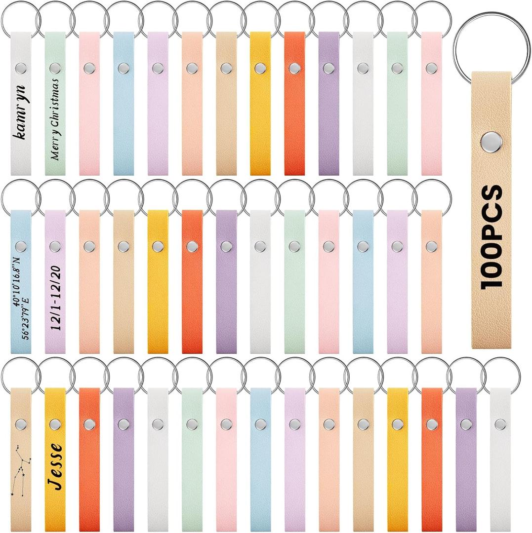 PU Leather Keychain Blanks Bulk Laser Engraving Blanks Keychain Kit with Key Rings for DIY Key Chains Craft (3.9 x 0.7 Inches, Bright Colors)