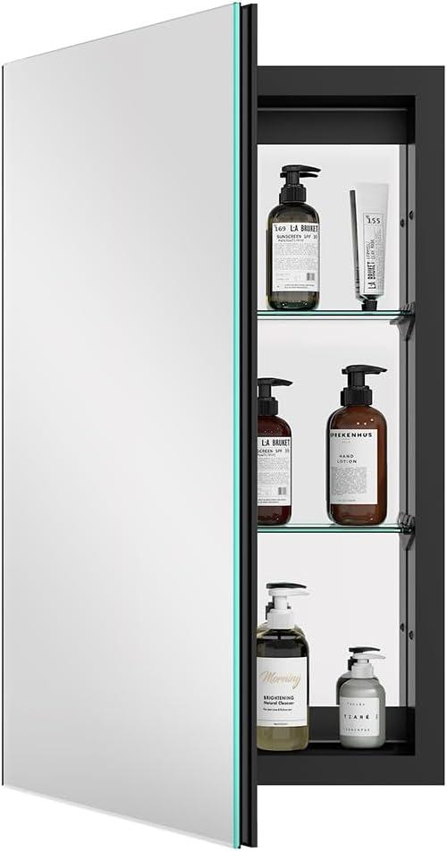 Bathroom Medicine Cabinet with Mirror, Aluminum Surface Mount or Recessed Medicine Cabinet Mirror 16x26 Inch, Black