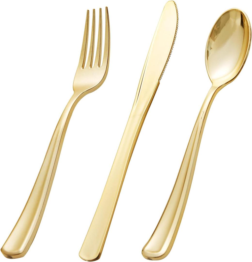 BUCLA 600 Pieces Gold Plastic Silverware - Disposable Gold Utensils - Heavyweight Plastic Cutlery set- 200 Forks, 200 Spoons, 200 Knives