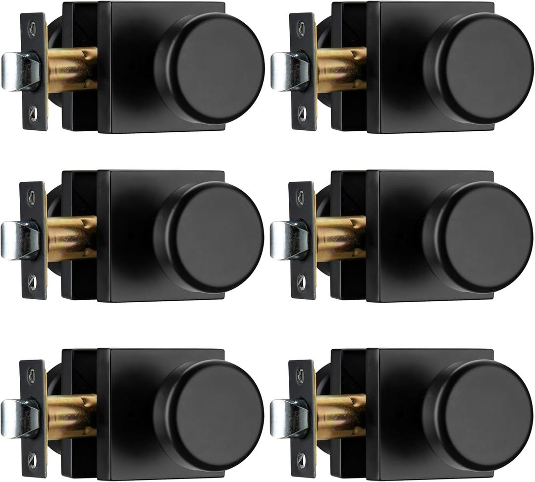 6 Pack Black Door Knobs with Square Rosette, Interior Door Handles for Bath & Bed, Heavy Duty Door Knob with Lock