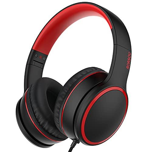 RORSOU R10 Over-Ear Headphones with Microphone, Lightweight Folding Stereo Bass Headset with 1.5M No-Tangle Cord, Portable Wired Headphones for Smartphone Tablet Computer MP3 / 4 (Black)