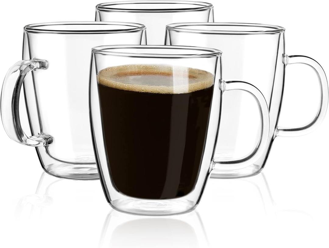 YUNCANG Double Wall Insulated Coffee Mugs, 16 Ounces  Clear Glass, Cappuccino & Latte Cups, Heat Resistant