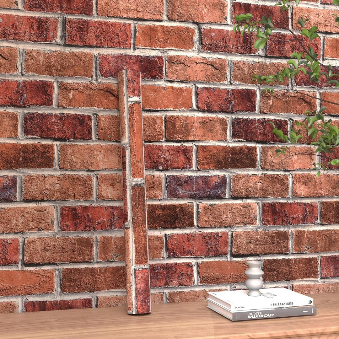 Rugreat Red Brick Peel and Stick Wallpaper Faux Brick Contact Paper for Cabinets Self Adhesive Removable Wallpaper for Backsplash Waterproof Textured Contact Paper for Fireplace Vinyl 17.3inW 393inL