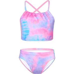 TENVDA Girls Swimsuit 2-Piece Halter Tankini Set Beach Sport Bathing Suit UPF 50+ Swimwear