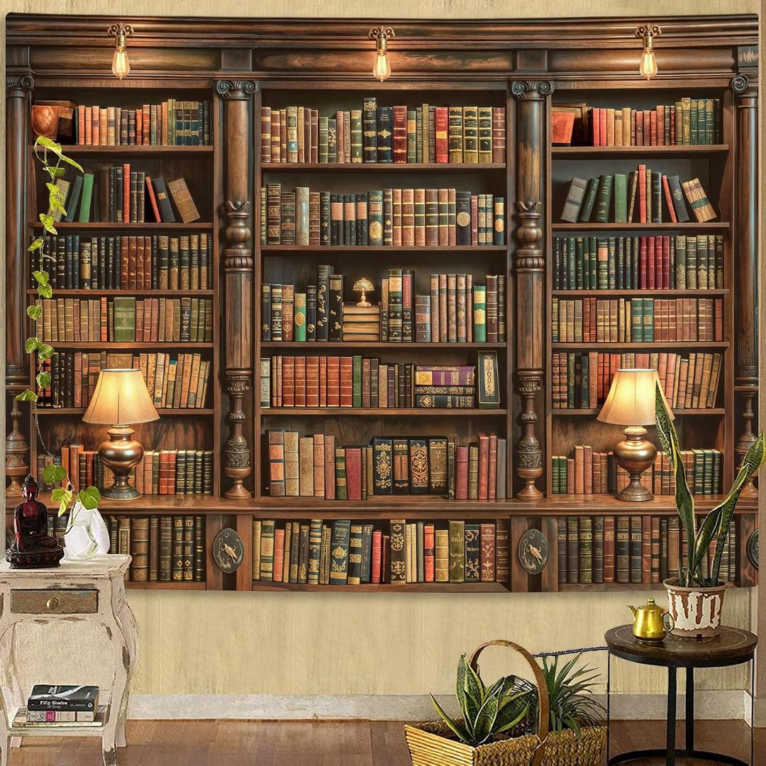 Spenlife Bookshelf Tapestry Wall Hanging Vintage Library Wall Tapestry, Old Books on Shelf Classical Study Room Student Study College Dorm Bedroom Living Room 6080 Inches
