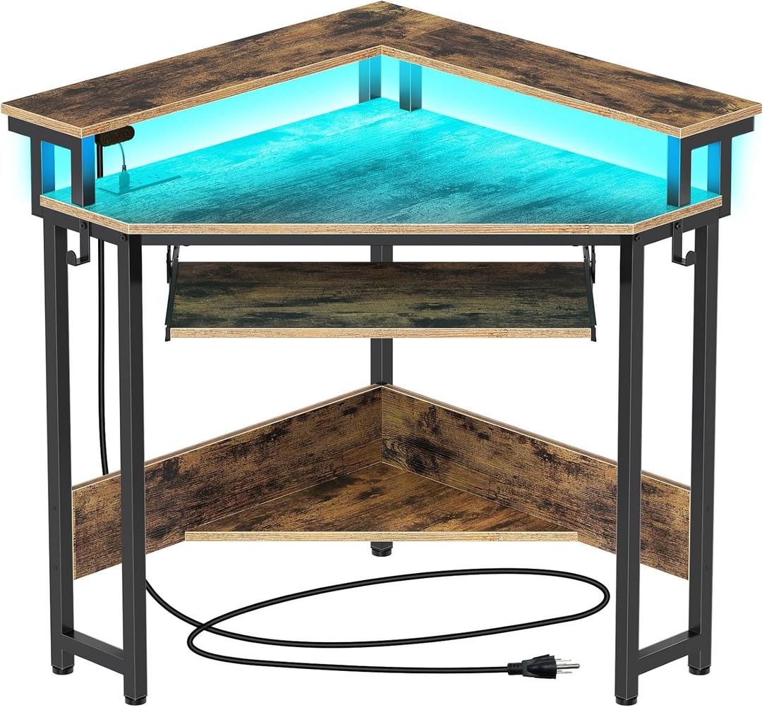 Rolanstar Corner Desk, 44.5" W x 34.5" H Small Computer Desk with Power Outlets, Gaming Desk with LED Lights, Triangle Corner Desk with Keyboard Tray & Monitor Stand for Small Space, Rustic Brown