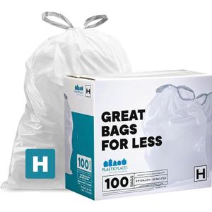 Plasticplace Trash Bags, Compatible with Simplehuman Code H, 8-9 Gallon Trash Can Liners, White Drawstring Garbage Bags, 100 Count Heavy Duty