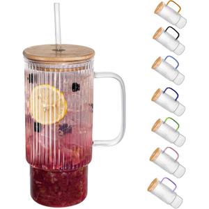 32oz Ribbed Glass Cup with Handle Bamboo Lid and Straw, Glass Tumbler, Iced Coffee Cups Hot/Cold Drinks