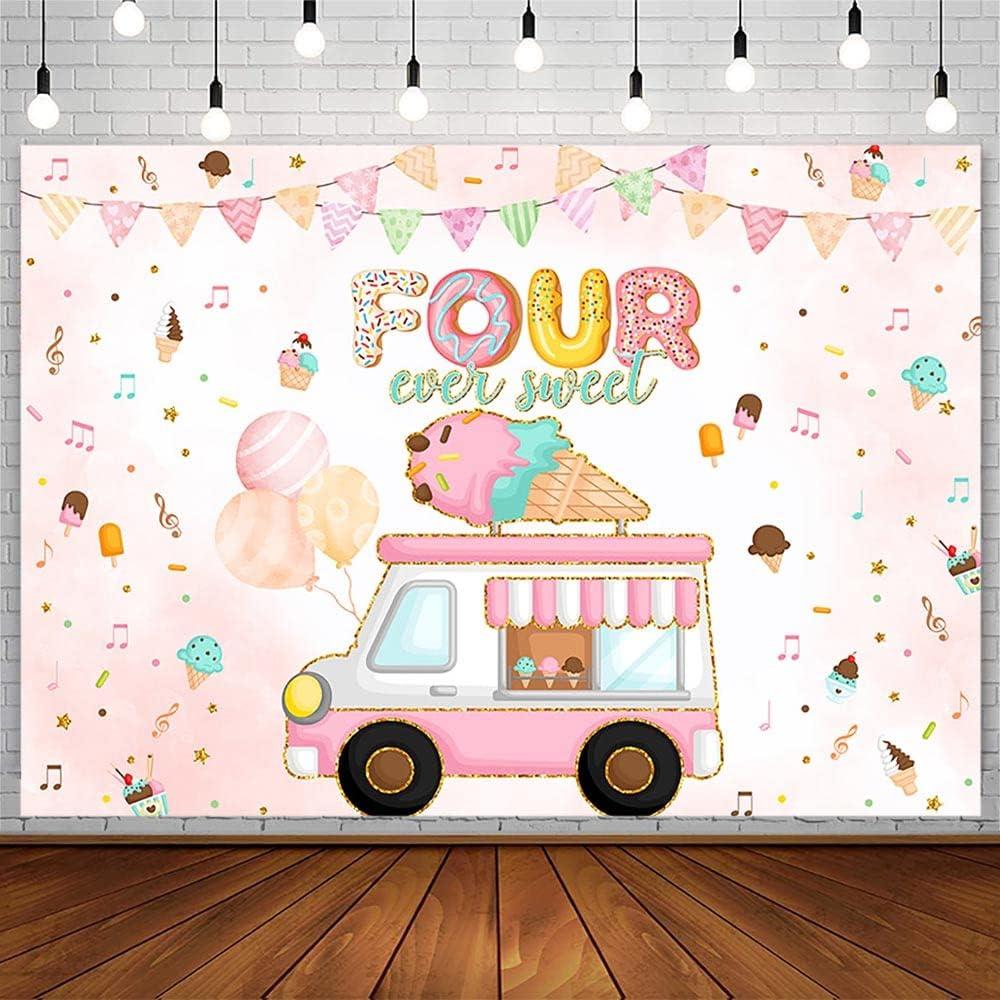 7x5ft Four Ever Sweet Birthday Backdrop for Girls Ice Cream Truck 4th Birthday Party Decorations Colorful Confetti Balloon Donut Music Photography Background 4 Years Old Bday Banner Photo Props