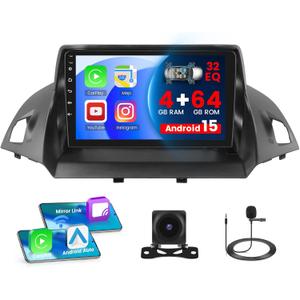 [4+64G] Android 15 Car Radio for Ford Escape Kuga 2014 2015 2016 2017 2018 2019 with Wireless CarPlay Android Auto, 9 Inch Touch Screen Car Radio with GPS WiFi, Bluetooth 5.0 FM/RDS 32EQ Backup Camera