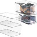 mDesign Stackable Plastic Closet Storage Container Bin Box with Hinge Lid for Organizing Shoes, Booties, Pumps, Sandals, Wedges, Flats, Heels - Lumiere Collection - 4 Pack - Clear
