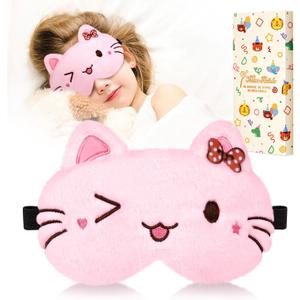 Sleep Mask for Kids - Cute Cartoon Plush Fuffy Sleeping Eye Cover Cat Kawaii Soft Eyeshade with Adjustable Strap Animal Eye Blindfold for Kids Girls Boys Teens