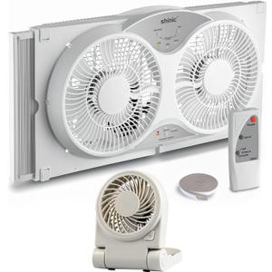 shinic 9" Twin Window Fan with Remote Control & 4" USB Desk Fan Bundle with 3 Speeds, Reversible Airflow, Expandable Panels, 2 Speeds, Portable Design, Dual Power - White & Grey
