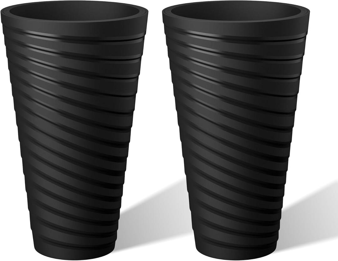 Kante 23 Inch Tall Planter Set of 2, Round Spiral Textured Flower Pots, Decorative Plant Pots for Outdoor Indoor Garden Patio Front Porch (Black)