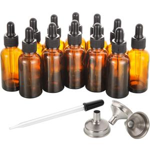 12 Pack, 2 oz Glass Dropper Bottle with 3 Stainless Steel Funnels & 1 Long Glass Dropper - 60ml Amber Tincture Bottles with Eye Droppers for Essential Oils, Liquids - Leakproof Travel Bottle