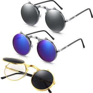 Frienda 3 Pcs Round Flip up Sunglasses Retro Steampunk Style Sunglasses Bulk 90's Circle Dwayne Wayne Glasses for Men Women