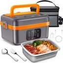 Cordless Electric Lunch Box, Self-Heating Food Warmer, Battery Powered Lunch Boxes with 1L Container, Rechargeable Heated Lunch Box for Men, Women, Car, Truck, Office, Travel (Grey-orange)