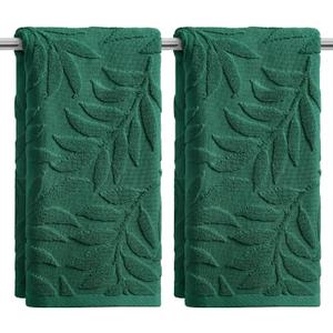 Artoid Mode 2 Pcs Dark Green 3D Leaves Jacquard Hand Towels for Bathroom, 100% Cotton Soft Absorbent Bathroom Decor Towels, 13.7 x 29.5 Inch
