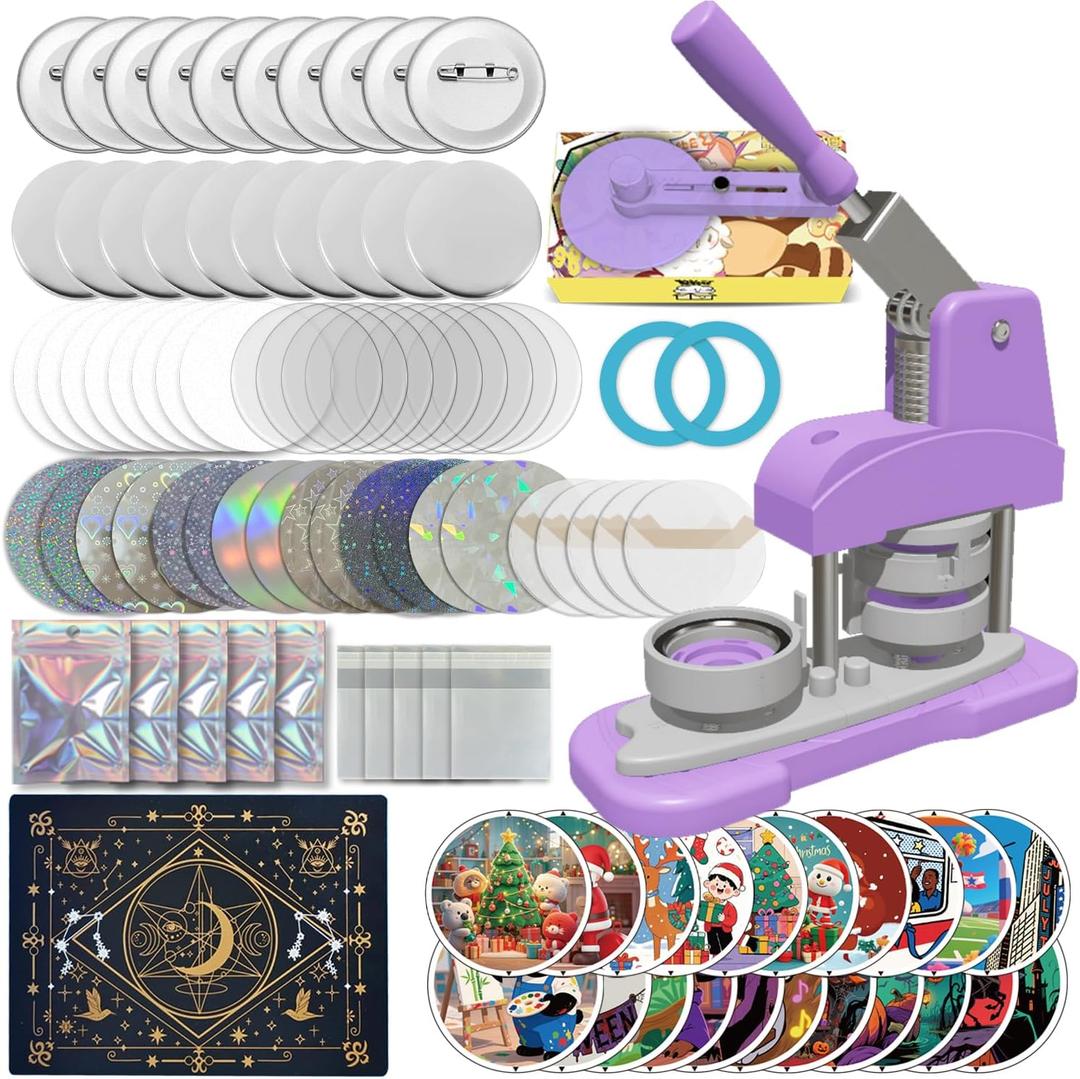 Button Maker Machine 58mm (2.25 inch), DIY Button Pin Maker Machine Comes with Free Button Parts, Circle Cutter, Cutting Board, Pattern Paper, Holographic Bags, Colored Film, and Protective Case
