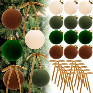 Liliful 48 Pcs Green Brown Velvet Christmas Ornaments 24 Neutral Flocked Christmas Balls 3.15" and 24 Ribbon Bows 5 * 7" Shatterproof Xmas Tree Hanging Decoration for Holiday Mantle Home Indoor Decor