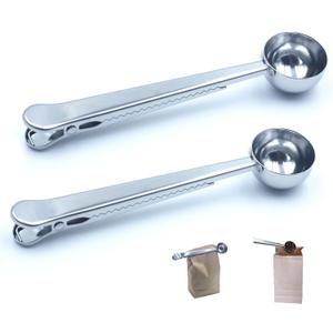 Stainless Steel Coffee Scoop with Clip 2-in-1 Coffee Measuring Spoon (1 Tbsp) for Ground Coffee, Tea, Protein Rustproof, Dishwasher Safe, Bag Sealer for Freshness(2 PCS)