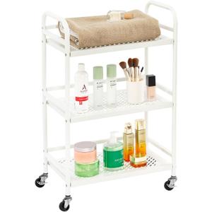HDANI 3 Tier Rolling Cart,Heavy Duty Multifunctional Metal Frame-Supports 22 Lbs Per Tier,Rolling Cart with 2 Lockable Wheels for Office,Home,Bedroom,Kitchen,Bathroom (White) (Small Mesh)