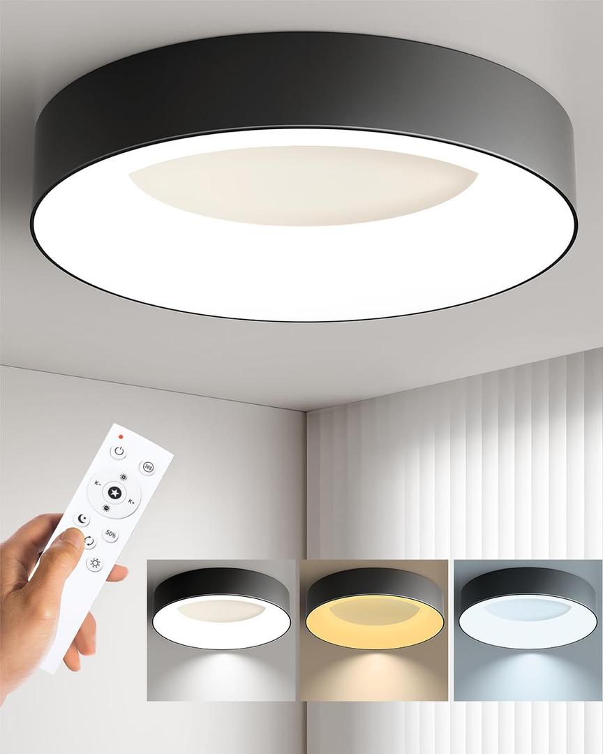 LED Flush Mount Ceiling Light with Remote Control, 48W 3000K-6500K Dimmable Ceiling Light Fixture, Modern Led Ceiling Lights for Bedroom Kitchen Laundry Room, 15.8 Inch Black