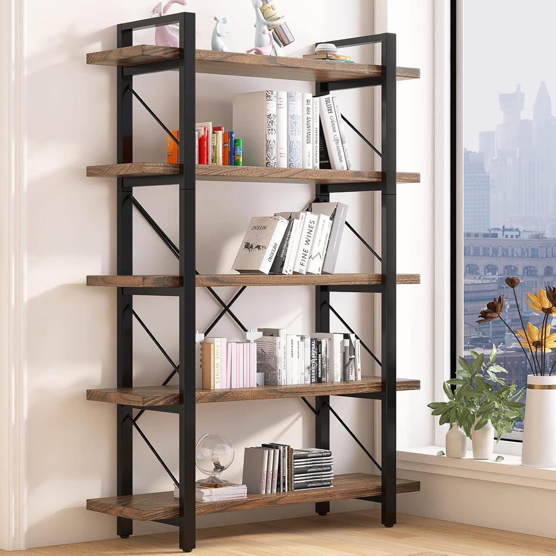 5-Tier Bookshelf Large Etagere Book Shelves,Industrial Style Bookcase and Book Shelves,Open Large Real Wood Bookshelfs,Retro Brown for Living Room Office, Retro Brown (LZ01-5tier-PLUS)