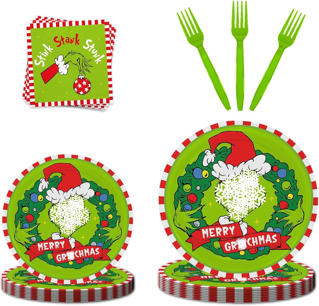 Funny Christmas Party Plates and Napkins Set, 96 Pcs Christmas Dinnerware Set Paper Plates Cocktail Napkins Forks, Green Cartoon Whoville Merch Holiday Birthday Party Supplies, Xmas Tableware Decor
