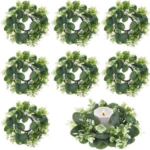 8 PCS Eucalyptus Candle Rings Wreaths, 9.8 Inch Artificial Eucalyptus Leaves Wreaths Summer Greenery Wreath Candle Rings for Home Wedding Party Table Centerpiece-Suitable for Candles up to 3 Inches