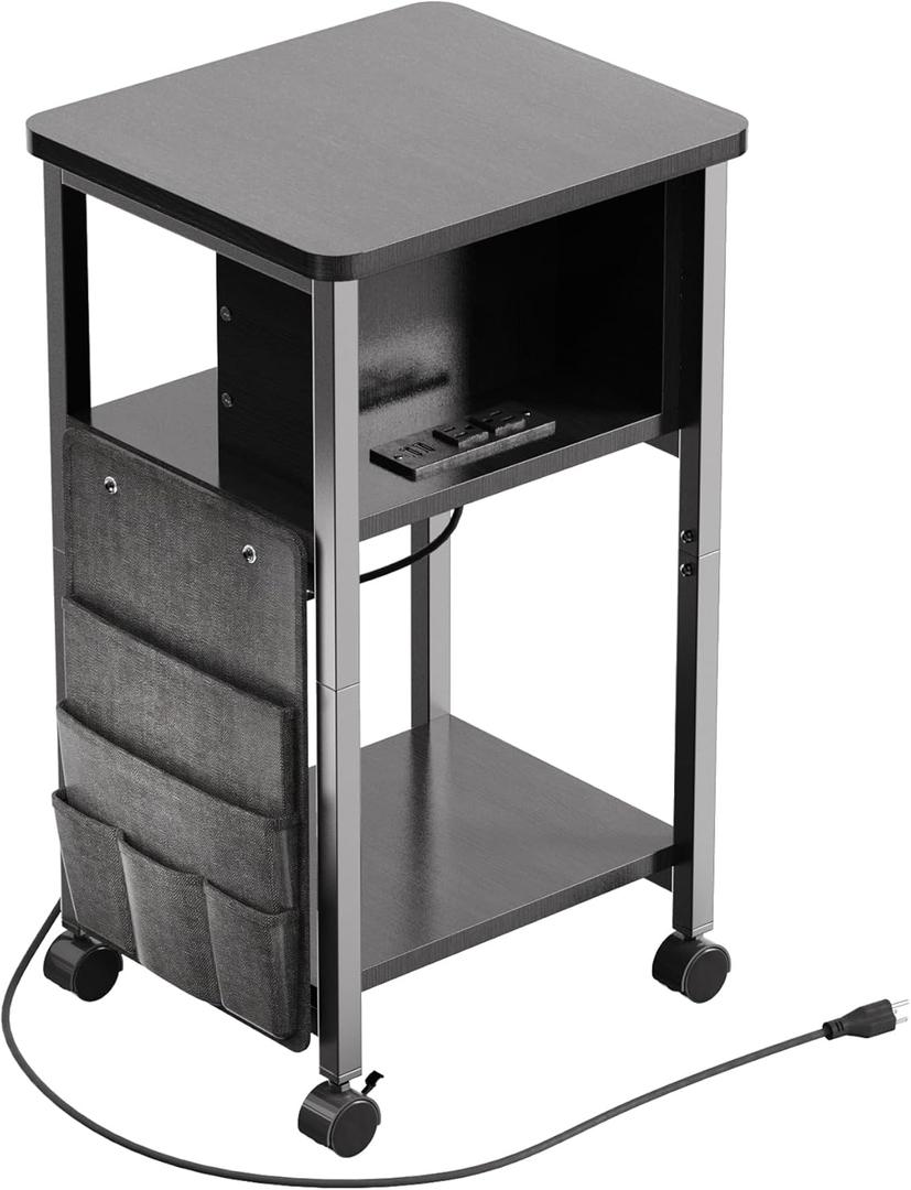 Merapi Small End Table with Charger, Side Table on Wheels, Mobile Nightstand with USB Ports, Black Sofa Side Table with Storage for Small Spaces, Living Room, Bedroom, Study, Home Office