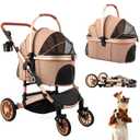 Pet Stroller with 4 Wheels, Foldable Pet Travel Carrier for Small/Medium Dogs Cats up to 50lbs, Detachble Portable Pet Bag, Storage Basket, Car Seat 3 in 1 Multifunctional (Tan)