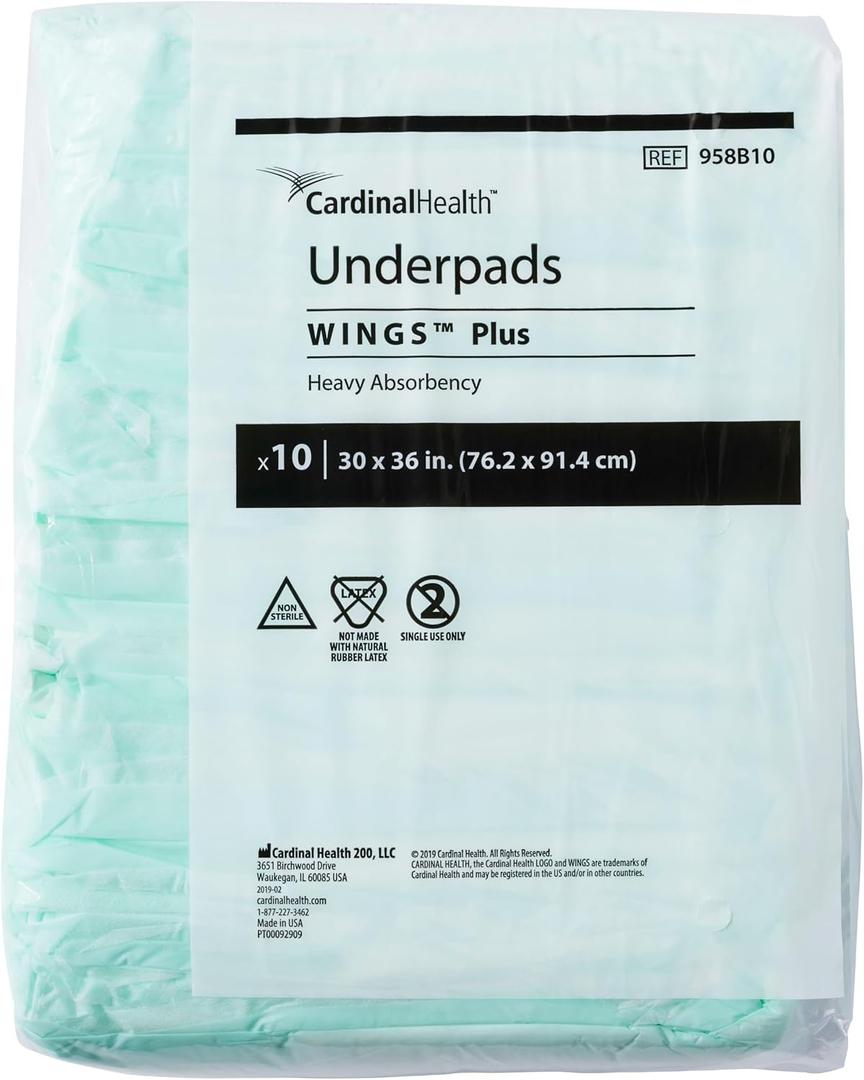 5x Cardinal Health™ Underpads, Wings™ Plus, Heavy Absorbency, Green, 958B10, 30 x 36IN, Pack of 10