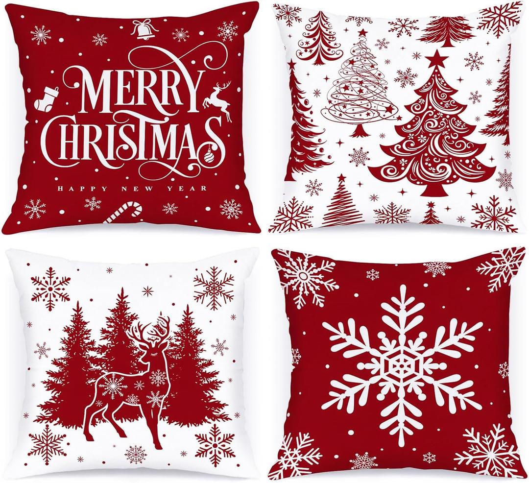 Lanpn 18x18 Red Christmas Pillow Covers Set of 4, Christmas Decorations Pillowcase, Winter Decorative Pillow Case, Merry Christmas Tree Cushion for Indoor Home Bedroom Sofa Xmas Couch Decor