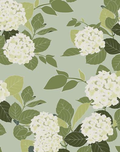 HomKihapai Floral Peel and Stick Wallpaper Self Adhesive Hydrangea Wall Paper French Country Cream Stick on Wallpaper for Bedroom Wall Decor Elegant Mural (Green Hydrangea, 118" X 17.4")