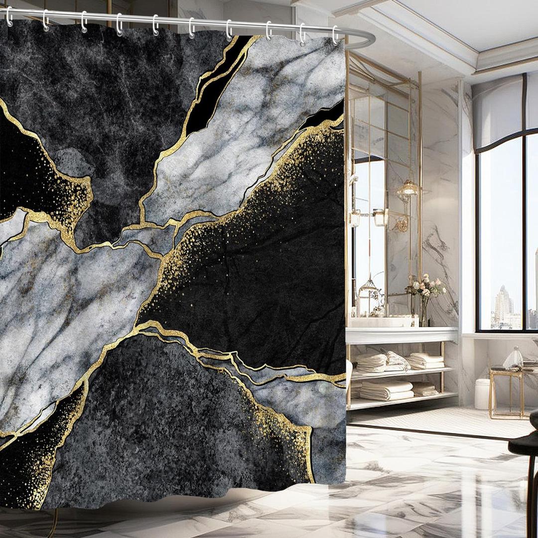 Gold Black Marble Shower Curtain, Black Grey Luxury Modern Abstract Shower Curtain Set for Bathroom, Fabric Bath Curtain with Hooks, 72x72in (3)