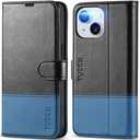 TUCCH Case Wallet for iPhone 15 6.1", Protective TPU Shockproof Inner Shell, PU Leather RFID Blocking 4 Card Holder Magnetic Closure Stand Cover Compatible with iPhone 15 6.1", Black&Light Blue