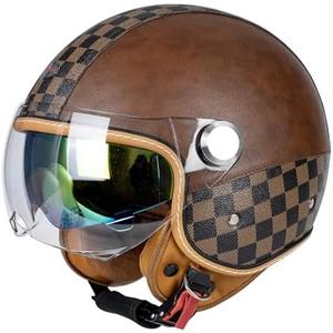 Dual Visor 3/4 Open Face Motorcycle Helmet for Men & Women, DOT Approved Unisex Retro Half HelmetMotorbike Casco for Moped Cruiser Bobber and Chopper (Large, Short Outer Shield-Brown)