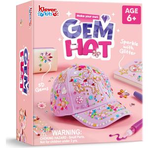 Klever Kits Gem Hat Kit for Girls, Decorate Your Own Baseball Cap with Gems Stickers, DIY Craft Kits for Kids Girls Toys Age 6-8