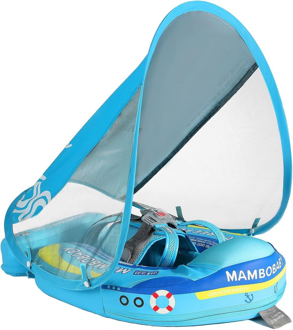 Mambobaby Float with Canopy Size Improved Non Inflatable Infant Pool Float Smart Mambo Float Swim Trainer Add Tail Baby Swim Float Mambo Baby Float Solid Air Free Water Waist Swimming Ring