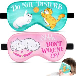 2 Pcs Sleep Mask for Kids Boys, Silk Eye Covers for Sleeping, Adjustable Strap & Light Blocking Design, Girls Children's Bedtime Blindfold for Travel and Home Use (Cute Cat)