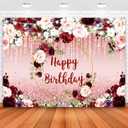 Sensfun Floral Happy Birthday Backdrop Burgundy Flowers Rose Gold Glitter Bokeh Spots Photo Background Vinyl Women Birthday Party Cake Table Decorations Photoshoot Banner (7x5ft)
