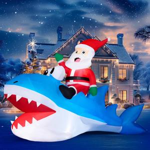 JOYIN Christmas Inflatables Santa Outdoor Decorations, Christmas Blow Ups Santa Riding on Shark for Yard with Build-in LEDs for Xmas Party Decor Yard Outside Garden Holiday Decoration