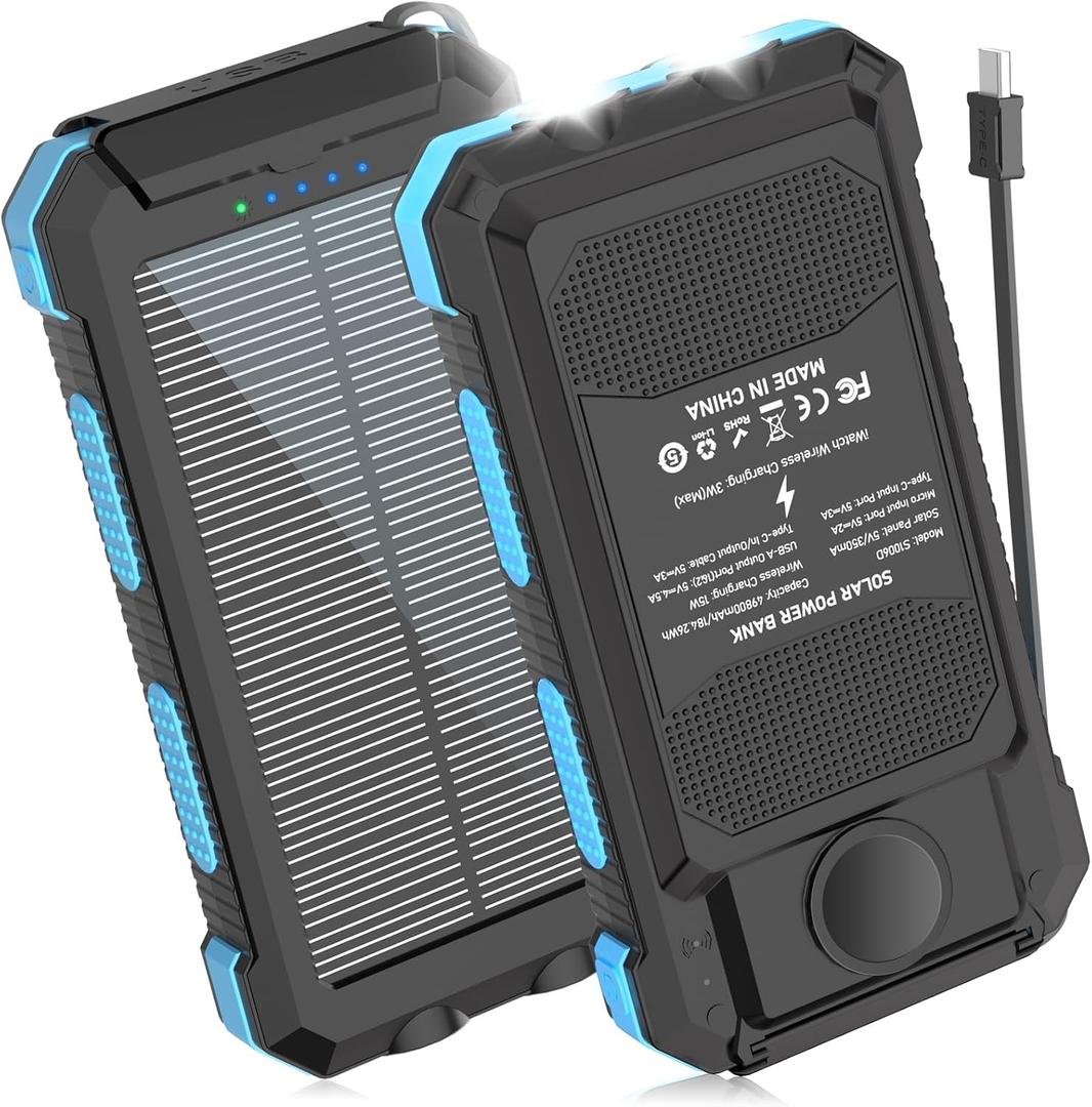 Solar Charger Power Bank 49800mAh Wireless Portable Phone Charger, 𝗣𝗗𝟭𝟴𝗪 𝐐𝐂𝟑.𝟎 Fast Charging Built in 4 Cables with USB C 6 Outputs & 2 Inputs for Cell Phone