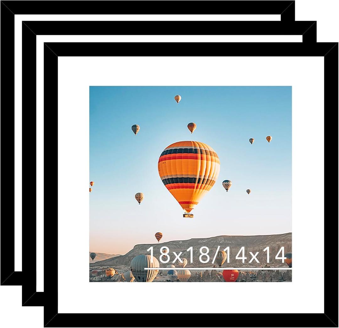 JCJMY 18x18 Picture Frame Set of 3 Black with 14x14 Mat, Display Photo 14x14 with Mat or 18 x 18 Without Mat, Wall Hanging Large 18x18 Poster Frame with Shatter Resistant Plexiglass, 3 Pack, Black